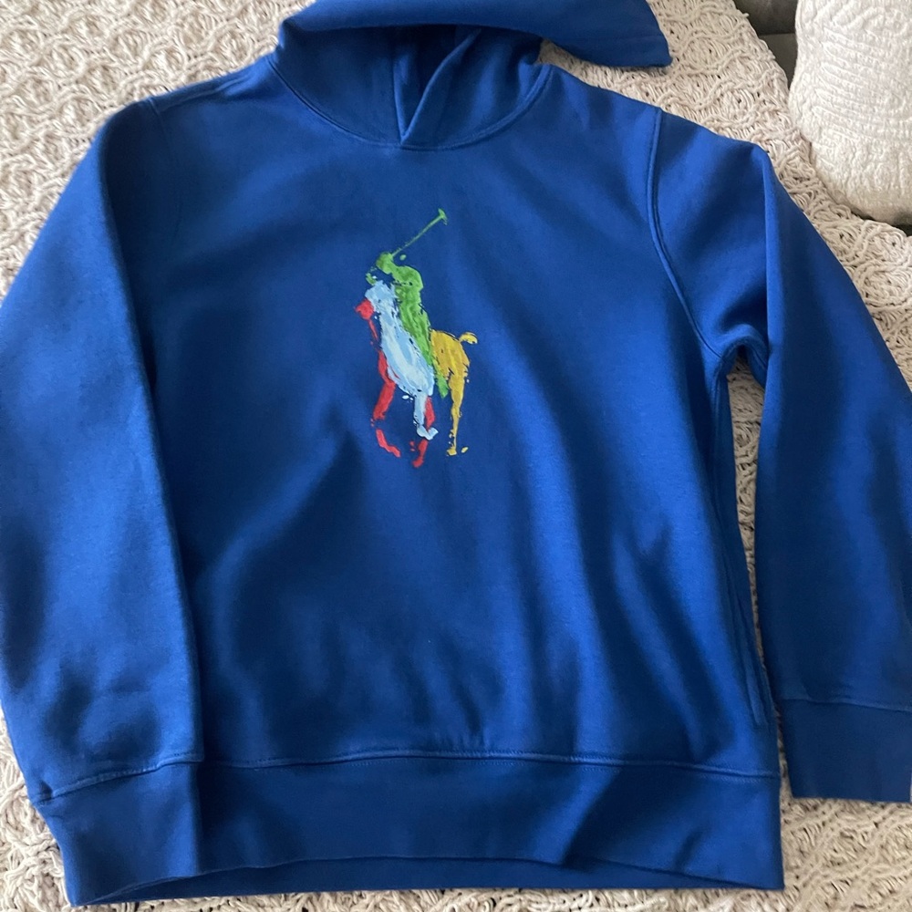 Ralph Lauren Boys Blue Hoodie with Multicolor Polo Player